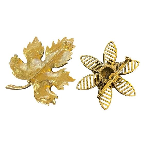 Lot of 2 Brooches Unsigned Unknown Metal Leaf Flower Gold Purple - Picture 2 of 4